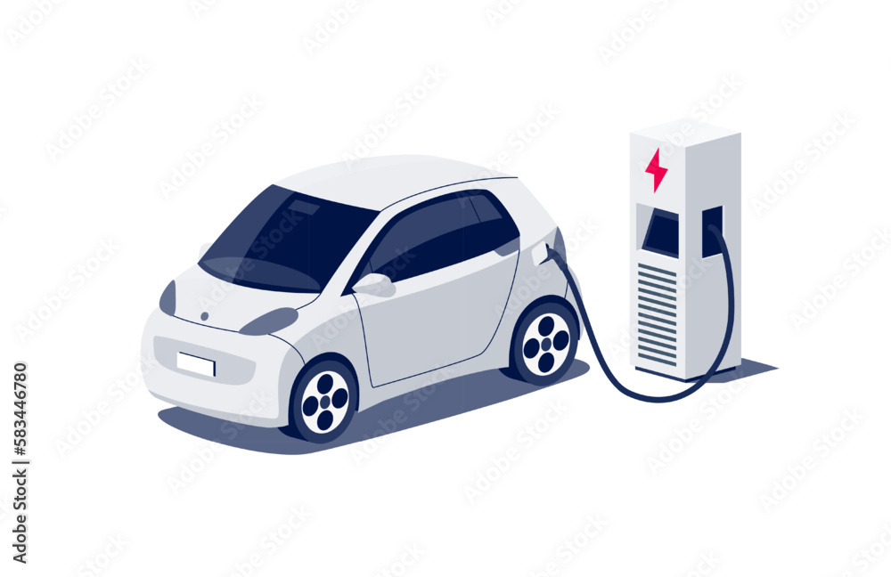 Modern electric small city micro car charging parking at fast charger ev station with a plug in cabl