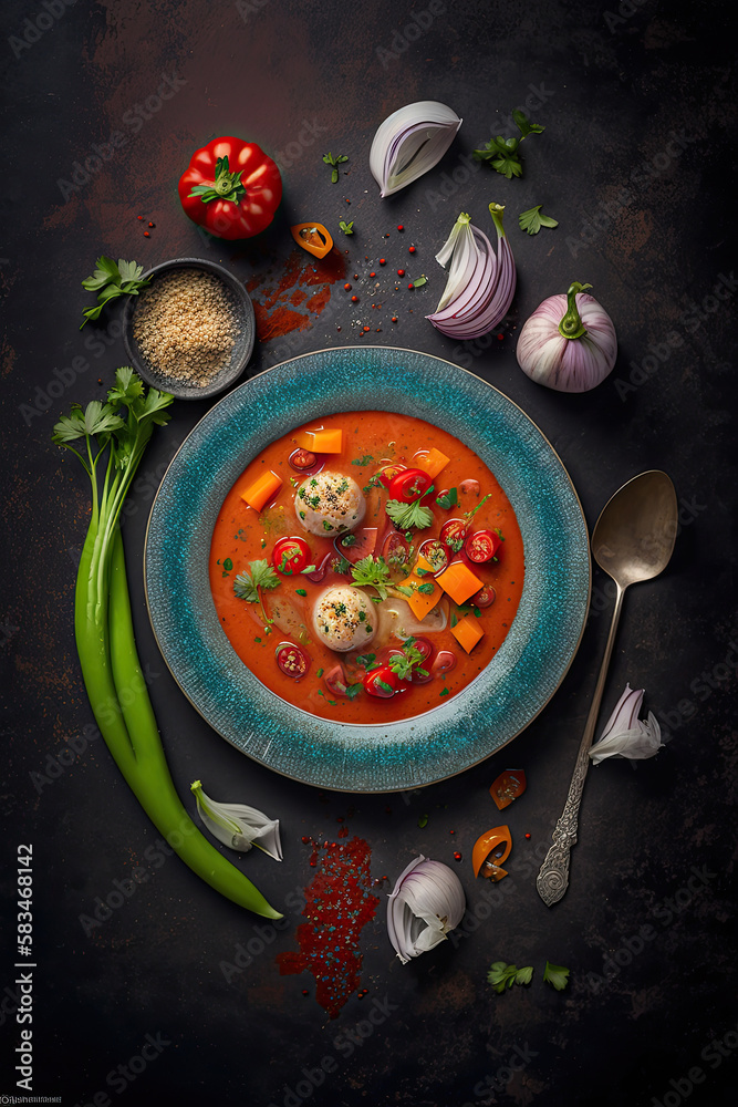 Gazpacho garnish with parsley in a plate with wavy edge. Illustrator AI Generative