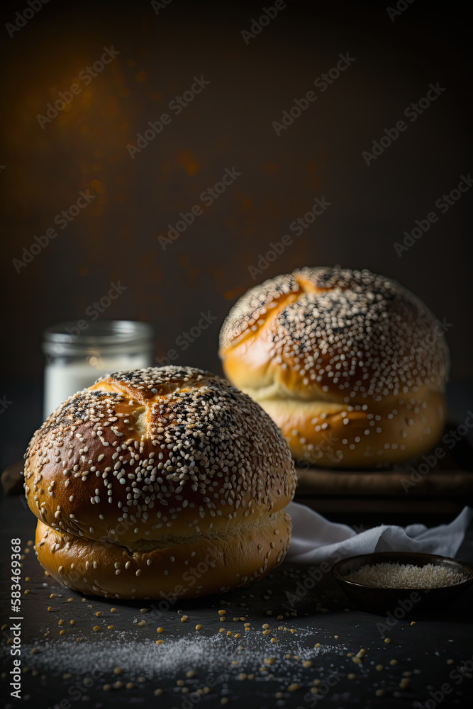 Fresh homemade brioche buns with sesame seed topping. Illustration AI Generative