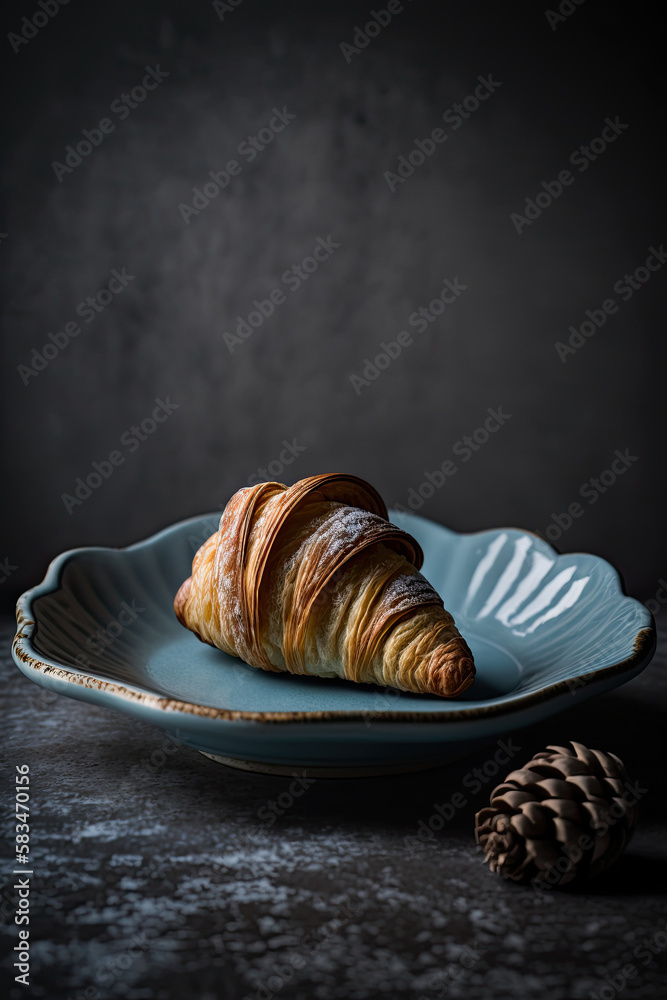 Croissant served on a ceramic plate background. Illustration AI Generative