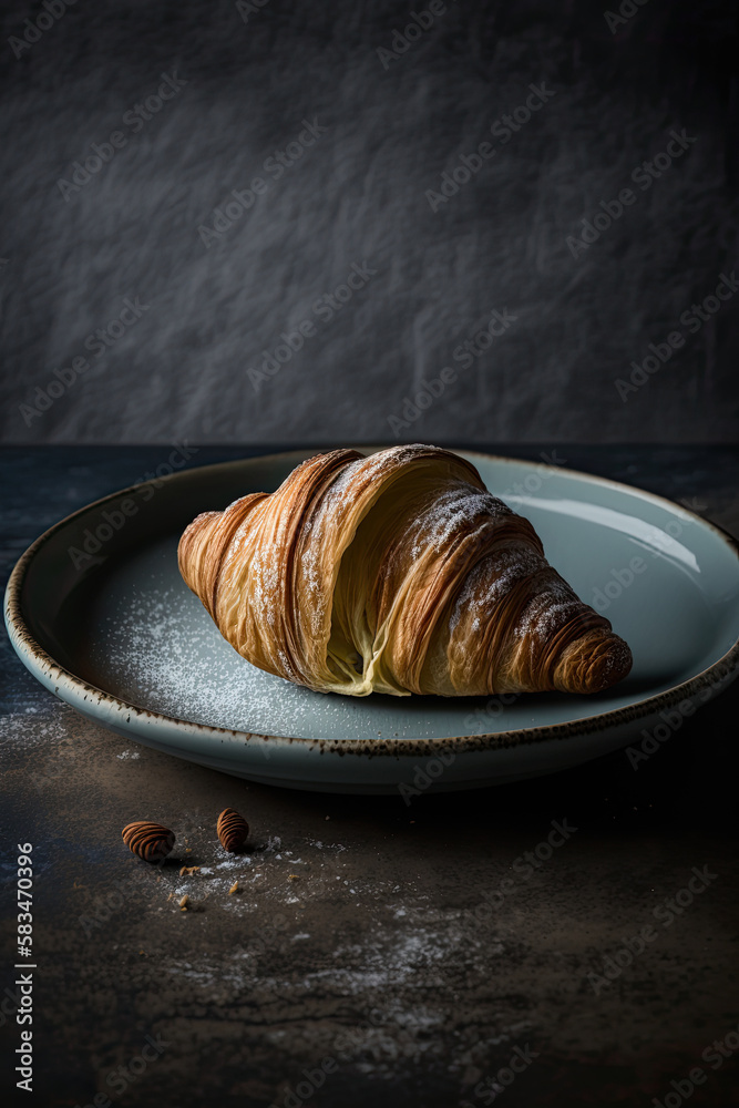 Croissant served on a ceramic plate background. Illustration AI Generative