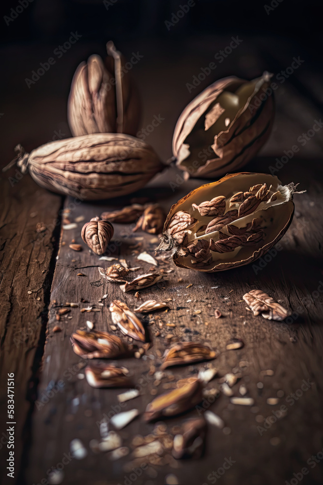 Fresh pecans and broken shells on a rustic wooden background. Illustration AI Generative