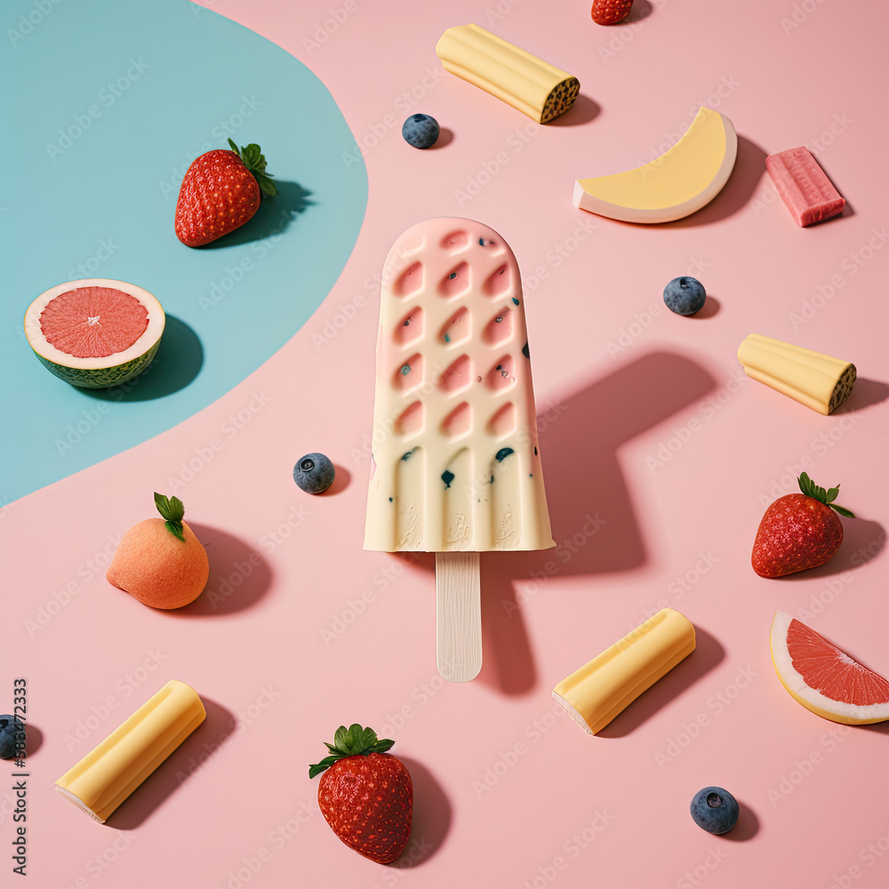 Fruit popsicle with ingredients over pink tile background. Illustration AI Generative