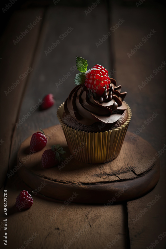 Chocolate cupcake with red berry on wooden table. Illustration AI Generative