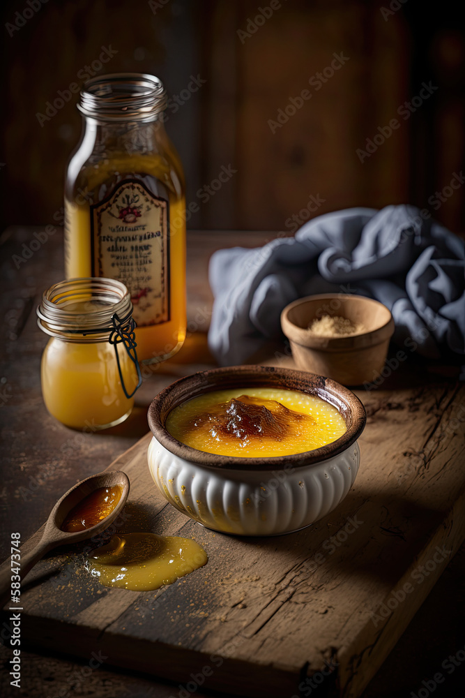 Crema Catalana Spanish Custard on a wooden kitchen top. Illustration AI Generative