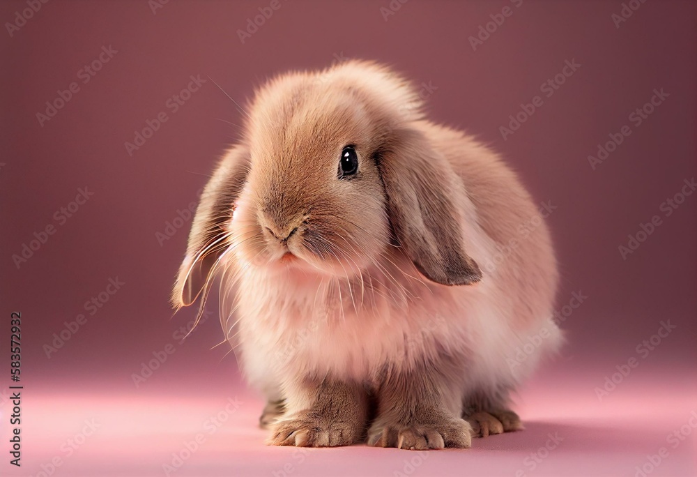 Adorable juvenile holland lop rabbit posing on pink background with graceful movements. Generative A