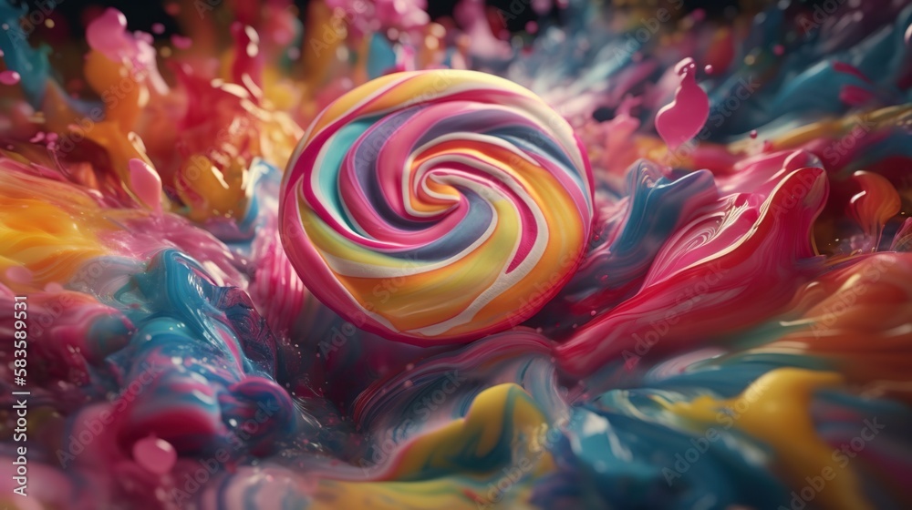 Closeup of colorful candy vortex. Swirl of sweet rainbow sweet lollipop liquid. Generative AI