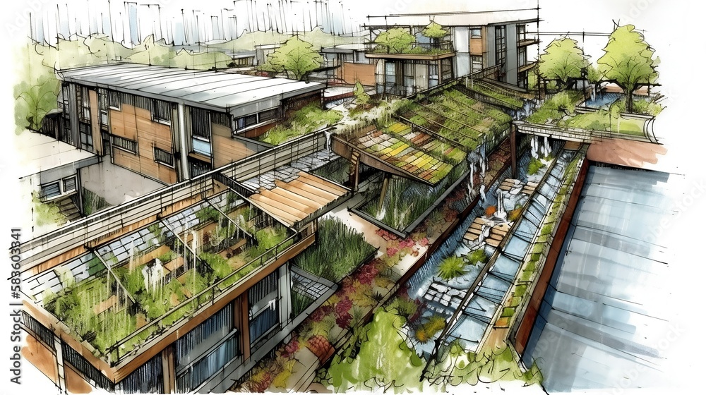 Sketch of sustainable urban architecture, featuring green roofs and solar panels. Eco friendly desig