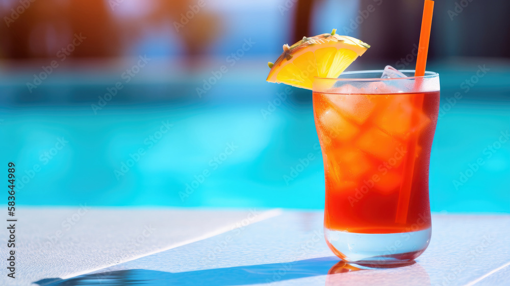 Summer Cocktail on Pool Background. Illustration AI Generative.