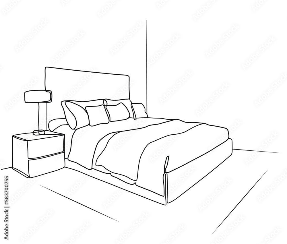 Big bed with bedside table and lamp in modern interior of living room