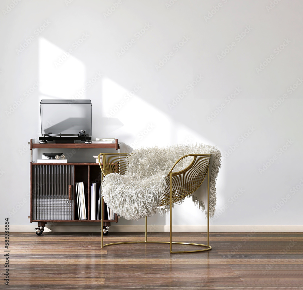 Retro mid century brass steel armchair with fur cover, vinyl record player on wooden storage cabinet