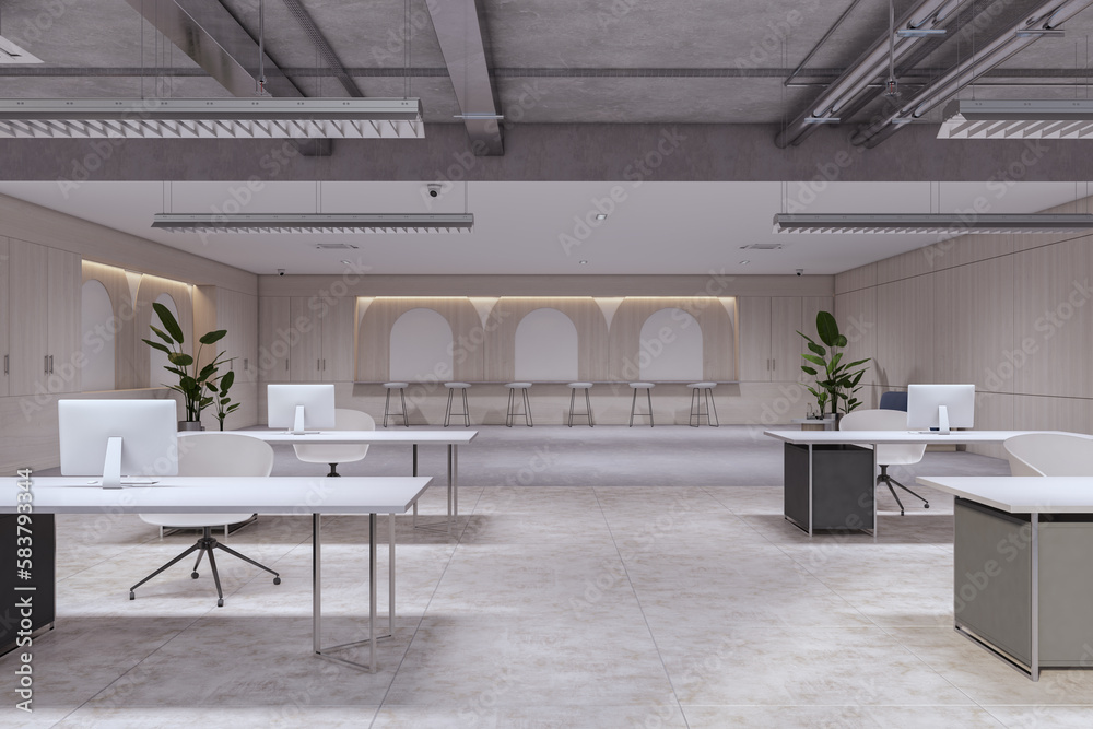 Bright coworking office interior with furniture, equipment and decorative objects. 3D Rendering.