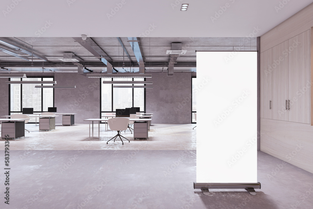 Modern coworking office interior with empty white mock up roll-up poster, window and city view, furn