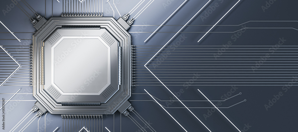 Abstract empty silver chip on metal wallpaper with lines. Mock up place. Technology and motherboard,