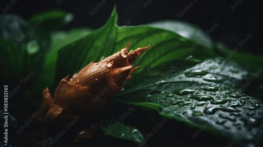 Closeup of Ymyoga ginger tropical plant leaves with rain drops. Green natural backdrop. Generative A