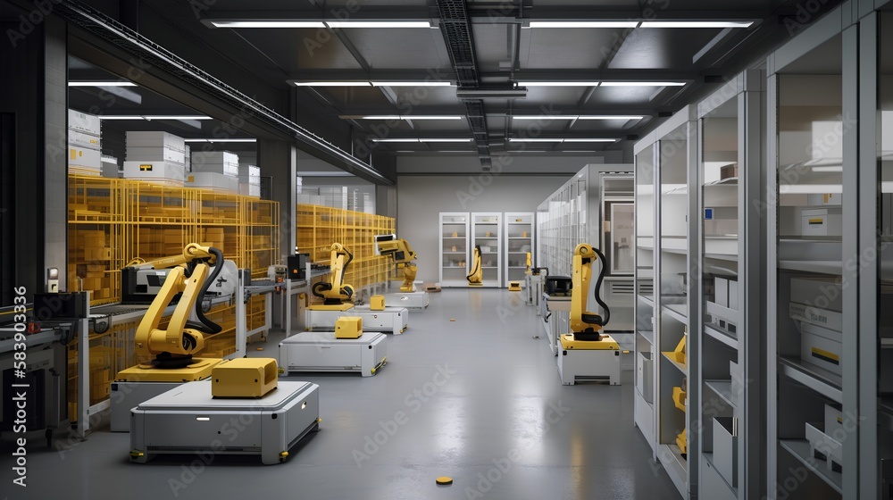 Smart, automated and organized warehouse interior showcases efficiency in logistics and supply chain