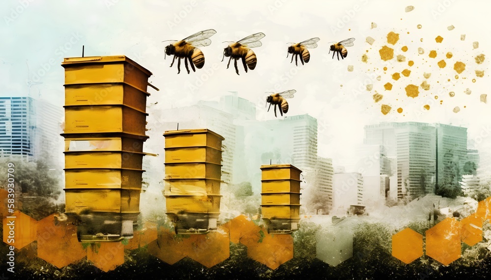 Urban beehive concept, rooftop beekeeping in the city. Importance of pollinators, biodiversity, and 