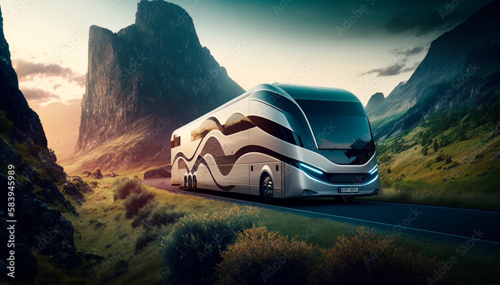 A luxurious and spacious bus with a futuristic design driving on a mountain road, generative ai