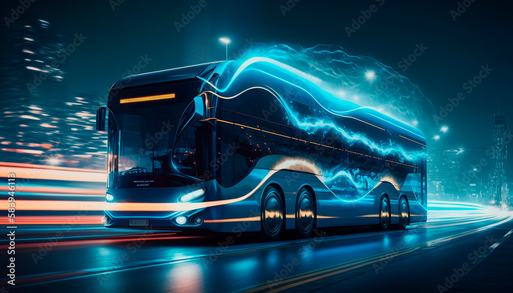 A sleek and futuristic bus with advanced lighting effects and glowing LED details, generative ai