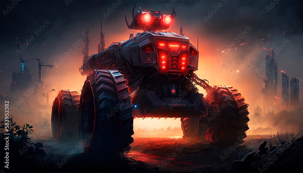 A robot-like tractor with red lights, futuristic design, generative ai