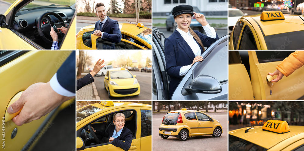 Collage of taxi drivers with cars