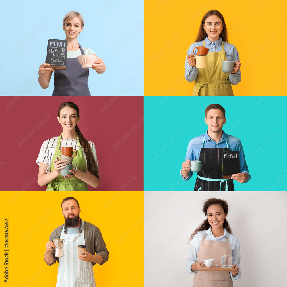 Group of baristas on color background