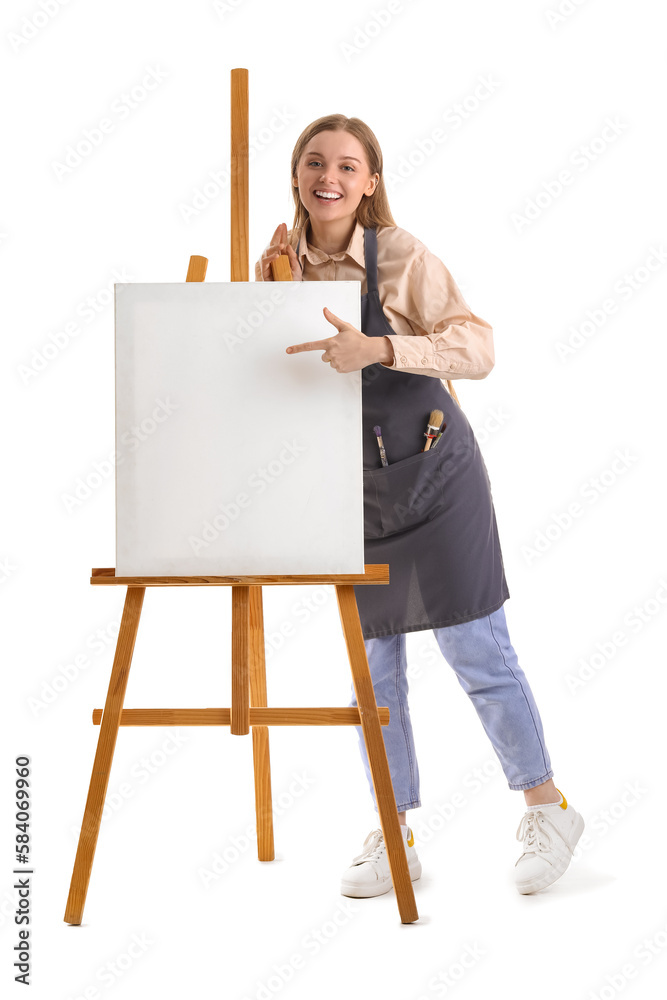 Drawing teacher pointing at easel on white background