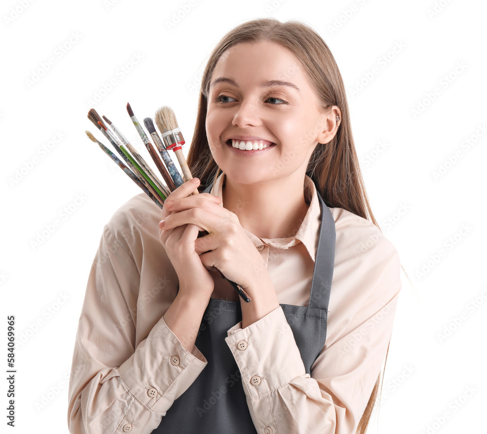 Drawing teacher with paint brushes on white background