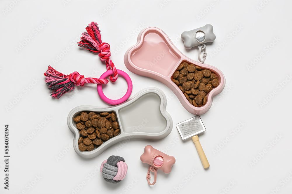 Bowls of dry pet food and accessories on light background