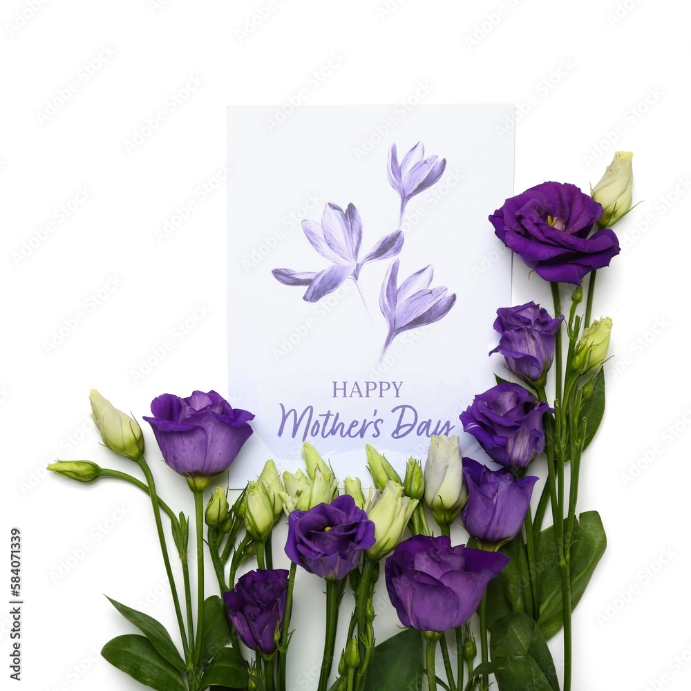 Card with text HAPPY MOTHERS DAY and beautiful eustoma flowers isolated on white background