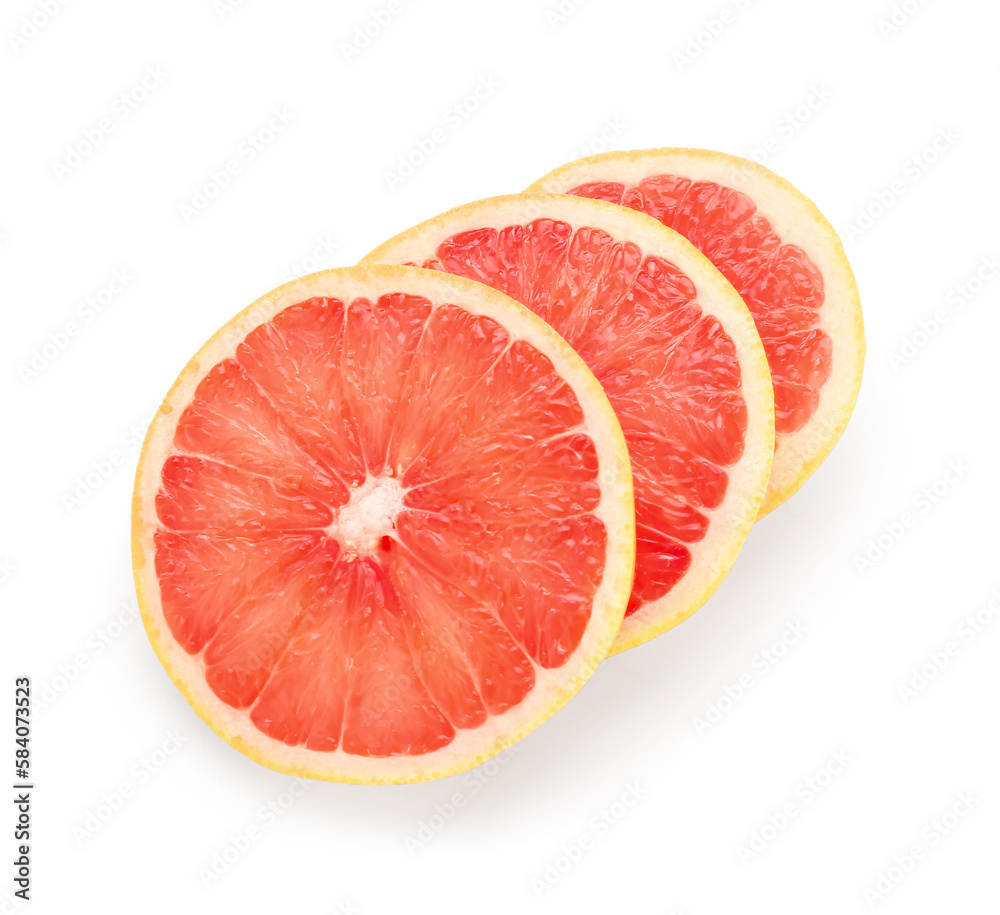 Slices of juicy grapefruit on white background