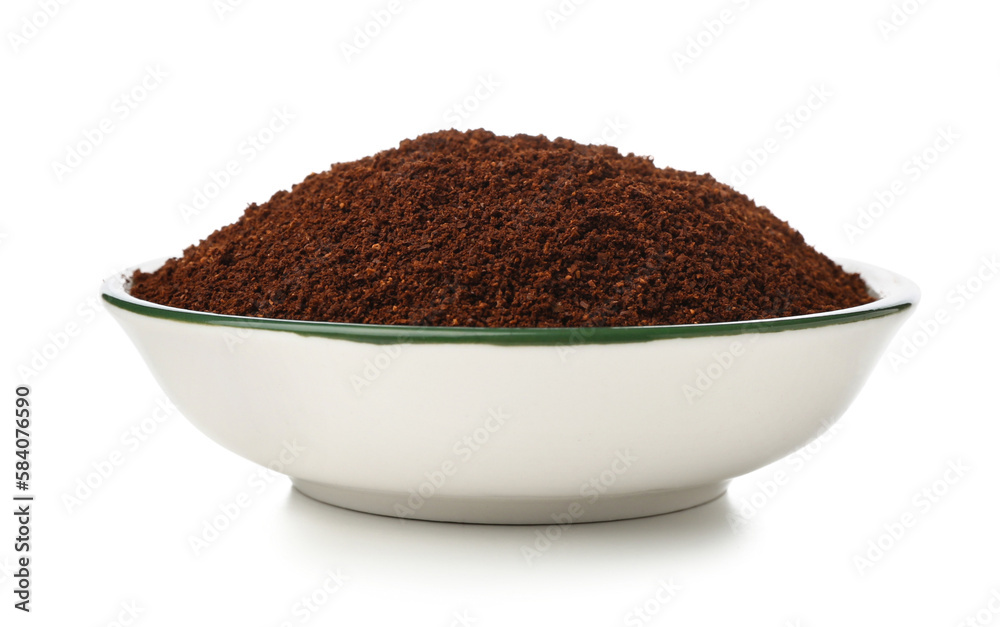 Bowl with coffee powder isolated on white background