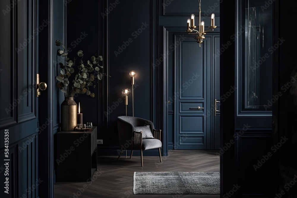 Dark interior with blue wall, black furniture, candles, vases, and opening door. Generative AI