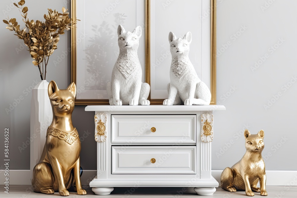 Gold portrait frame mockups. Bear and fox figurines on drawers. White walls. Exotic boho decor. Room