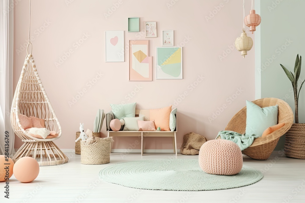 Mock up poster in pastel room with natural wicker and wooden toys,. Generative AI