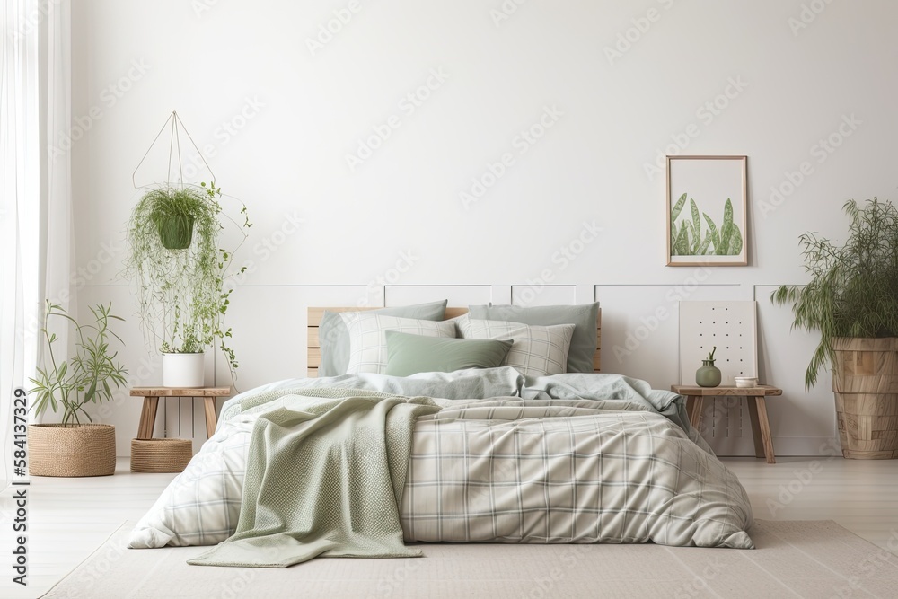 Bedroom mockup with bed, green plaid, cushions, and plants on white wall. Generative AI