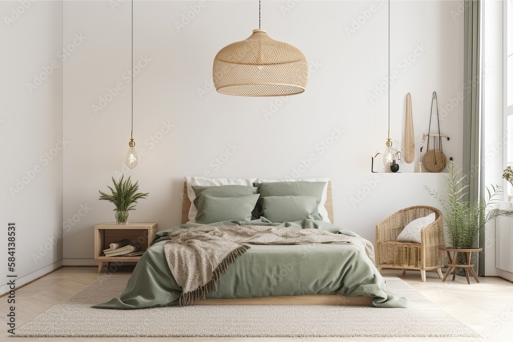 House bedroom mockup. Bed with blanket and dried flower chandelier. Scandi Boho style on empty beige