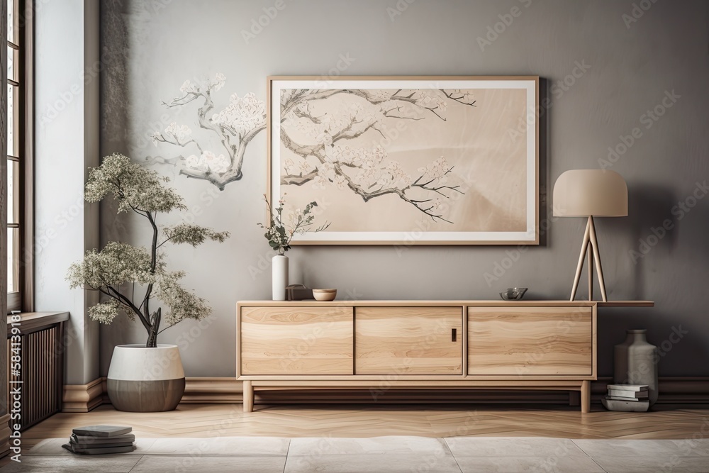 Bleached beige Japanese living room. Hardwood dresser with frame prototype. Marble floor, wallpaper.