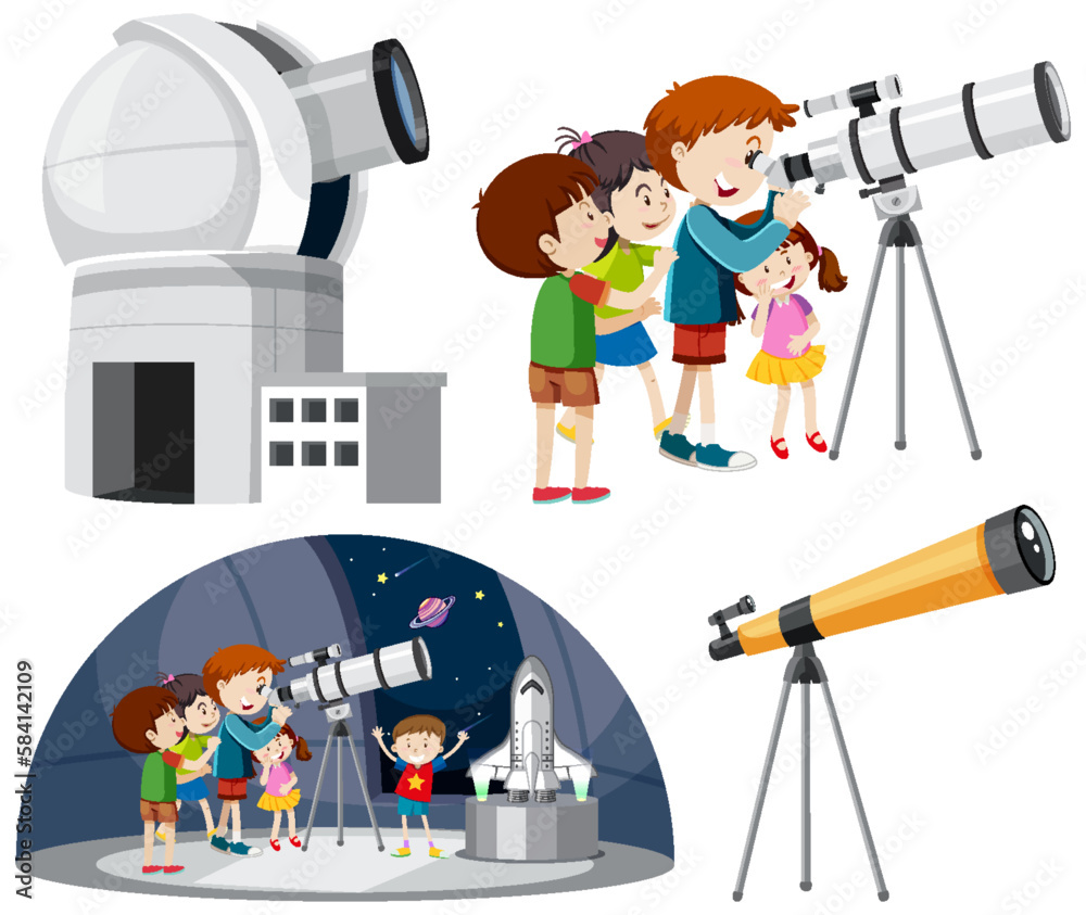 Playful Children Using Telescopes Vector Collection