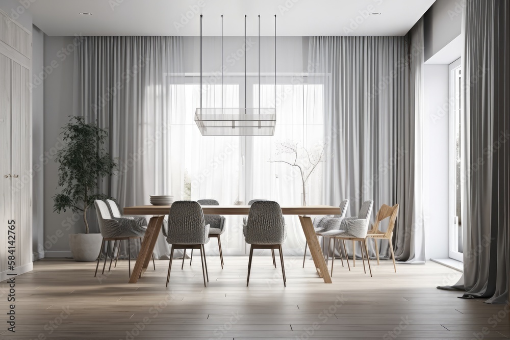 Minimalist modern wooden dining room in gray tones with table, chairs, drapes, and parquet floor. Co