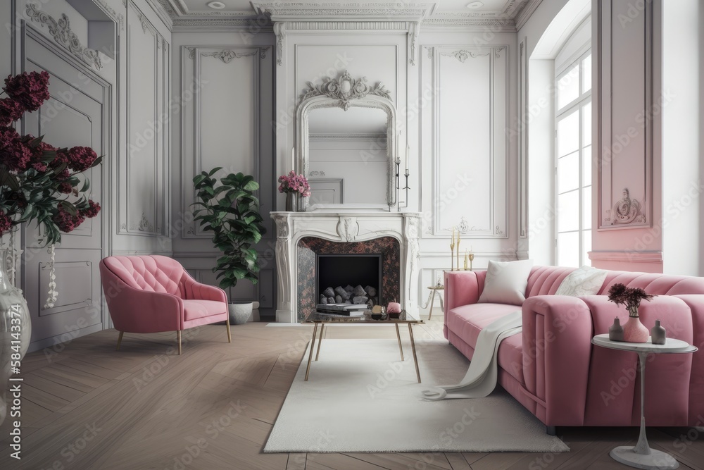 White living room with pink couch, fireplace, and flower arrangement. Modern living room with minima