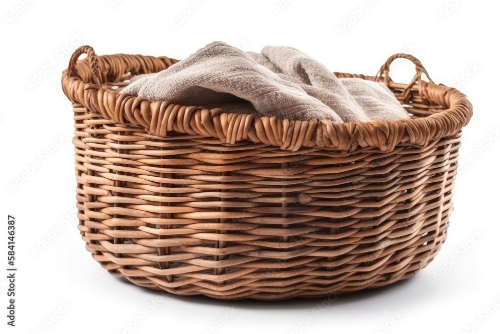 Woven washing basket isolated on white. Modern bohemian eco design interior details. Generative AI