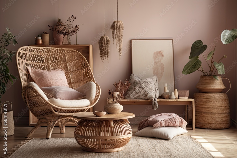 Boho chic living room with rattan armchair, coffee table, books, vase with dried flowers, decorating