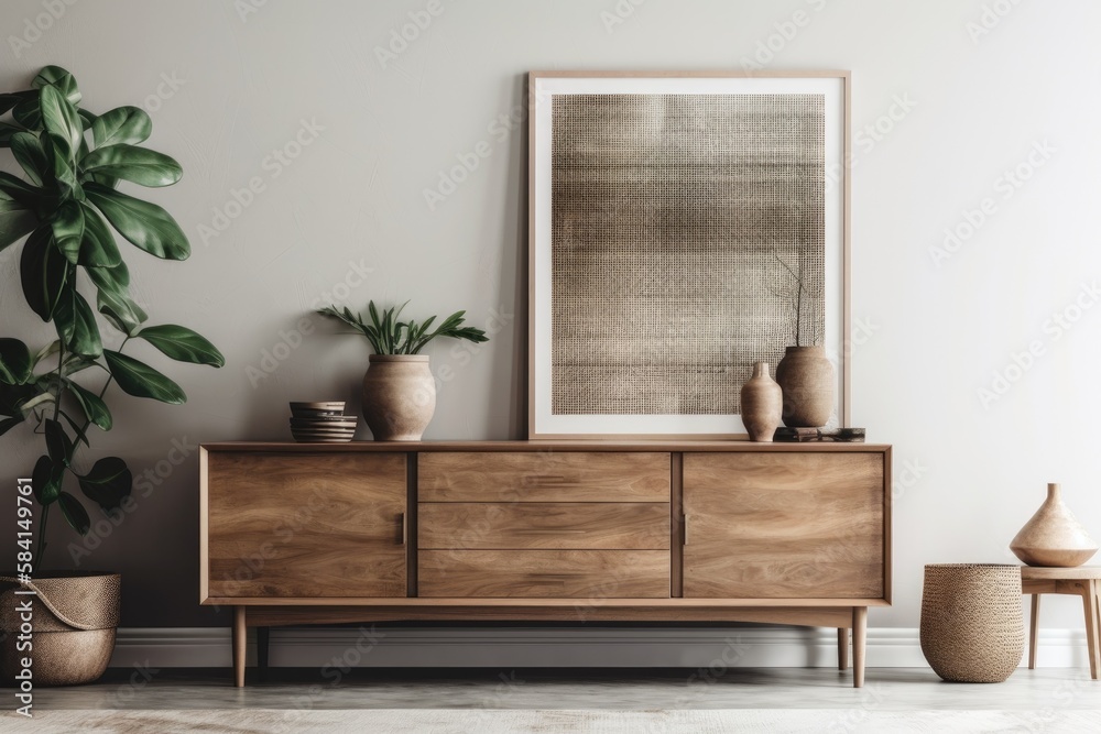 Blurred backdrop, living room closeup, frame mockup. Wooden dresser. Farmhouse decor,. Generative AI