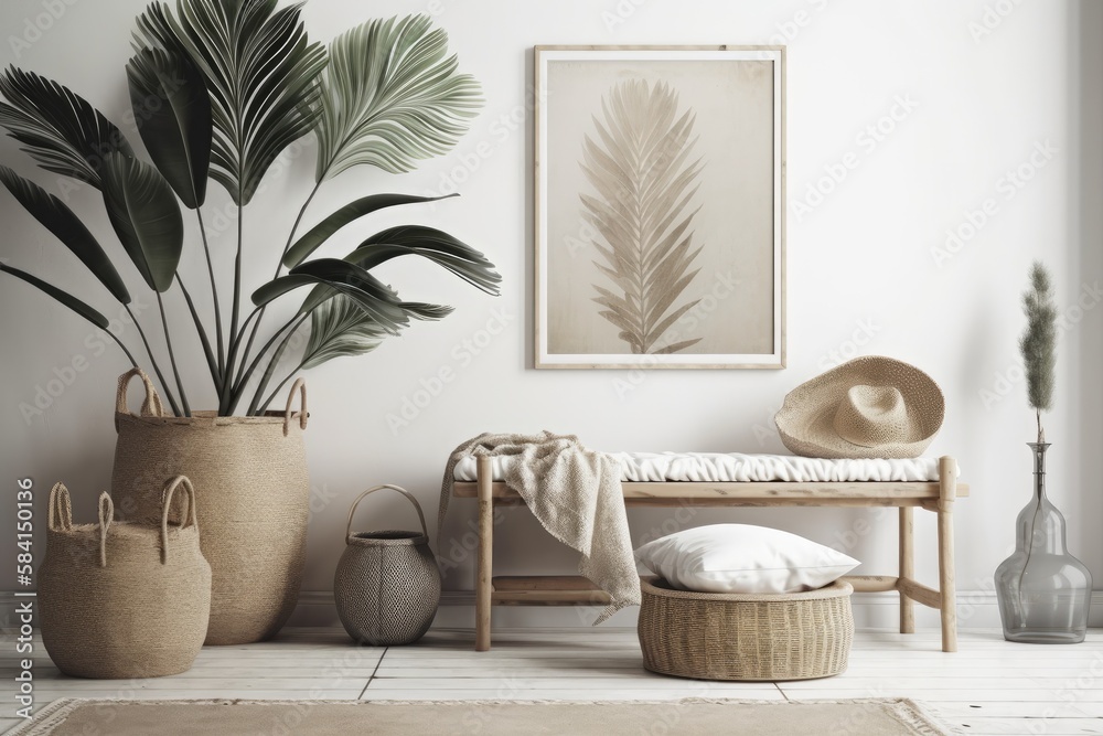 Mockup poster in Scandinavian decor with seat, baskets, and palm branches in pots. Generative AI