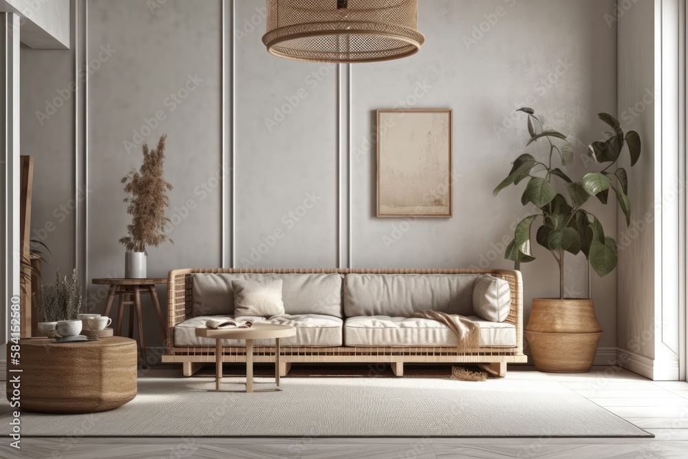 Scandinavian living room backdrop, wall mockup,. Generative AI