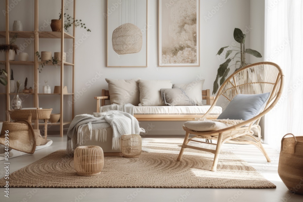 Scandi Boho décor, pastel room. ,. Generative AI