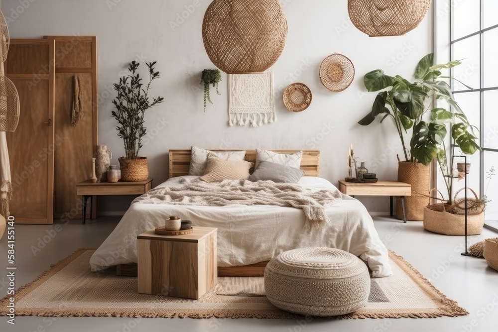 Minimalist boho bedroom with wooden cube, vase with flowers, rattan basket, carpet, and lovely acces