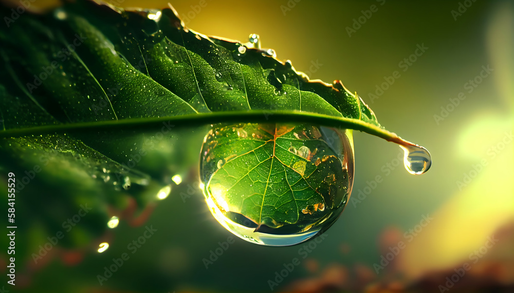 water drops on a leaf, Beautiful transparent drop of water on a green leaf in the morning at sunshin