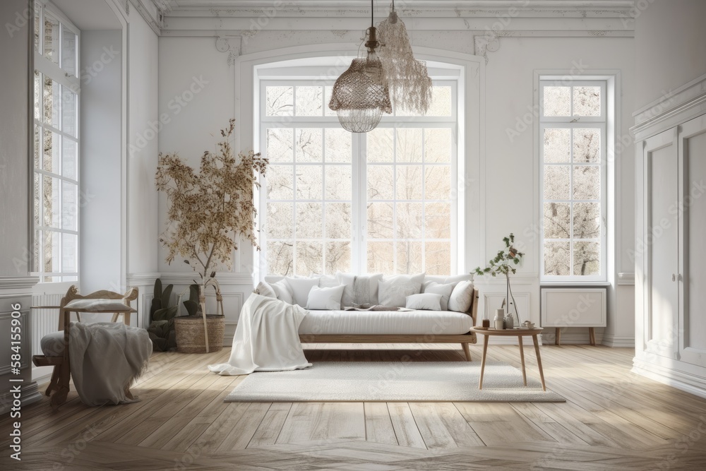 White and bleached Nordic antique living room. Fabric couch, parquet, decors, and wall mockup. Farmh